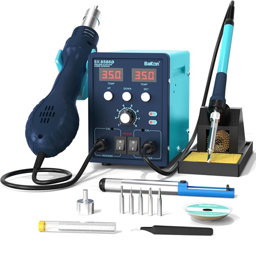 BK8586D Soldering Station 2-In-1 For Hot Air Rework Station, Soldering Station Kit for Electronics, 5 Soldering Tips, 2 Hot Air Nozzles,Tweezers, Solder Sucker