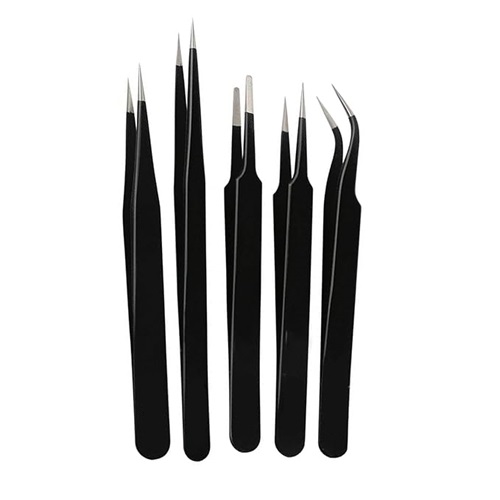 5 in 1 Satinless Steel Tweezer Set (Powder Coated), Black