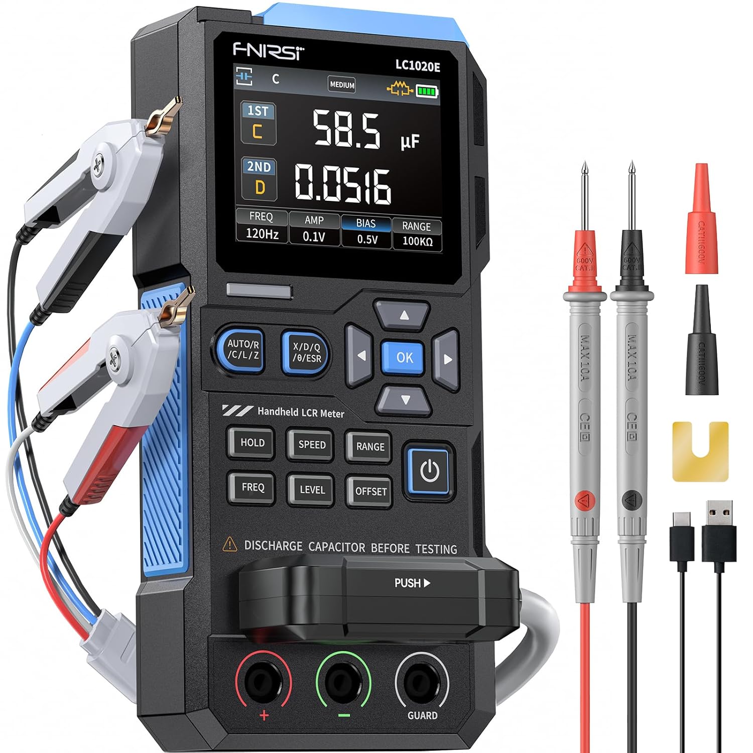 LC1020E High Precision Handheld LCR Meter | 100kHz ESR Tester with Kelvin Clips