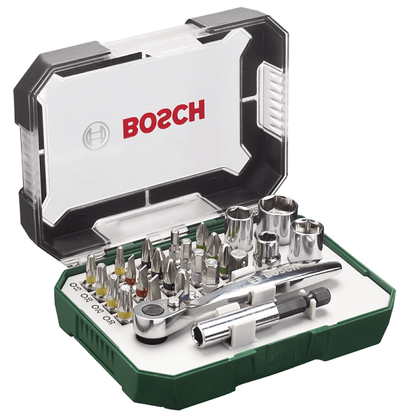 Bosch 2607017322 Metal Screwdriver Bit And Ratchet Set (26-Pieces)